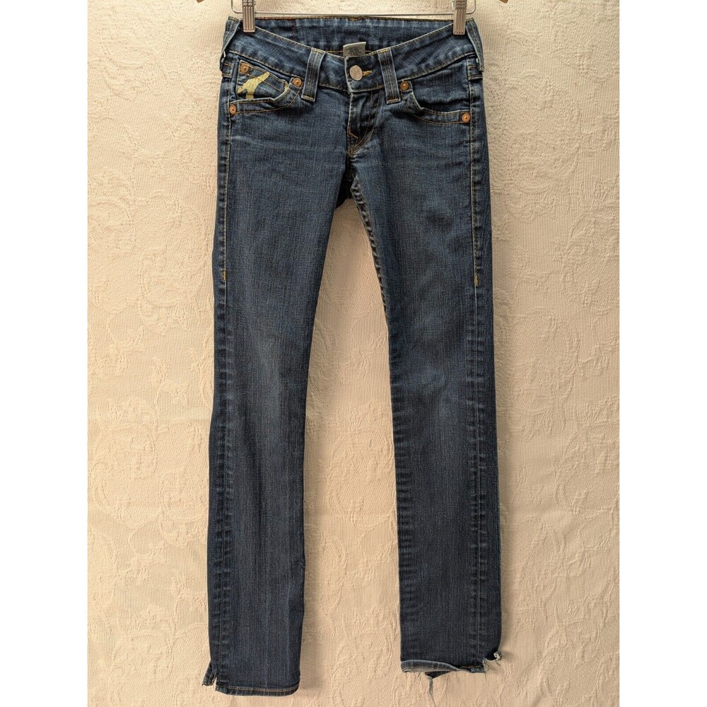 True Religion Painted Blue Jeans Women 25 Y2k 00 Western Horseshoe Super T Denim